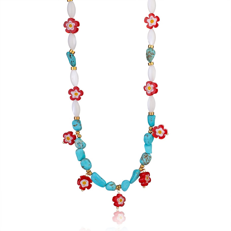 Turquoise Flower Stainless Steel Gold Color Natural Stone Women's Beaded Necklaces 