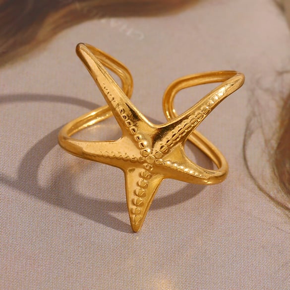 Starfish Stainless Steel Gold Color Adjustable Rings