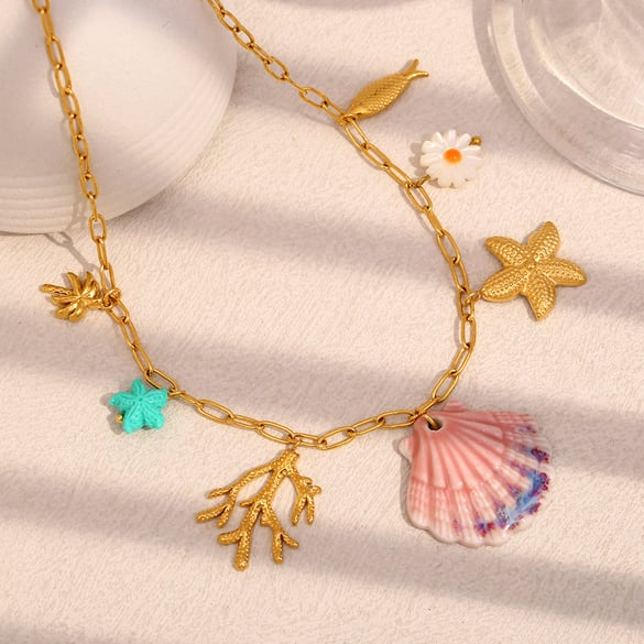 1 pezzo semplice serie vacanza tartaruga in acciaio inossidabile color oro collana con ciondolo a conchiglia da donna 2