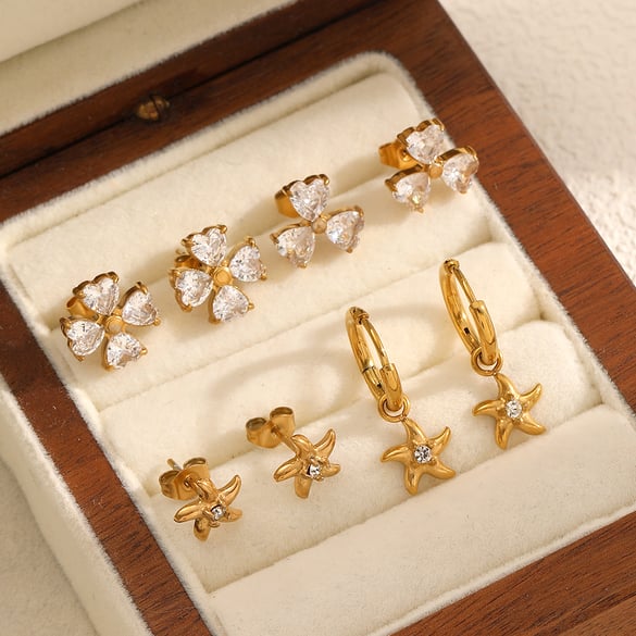Sparkling Clovers Stainless Steel Gold Color Women's Stud Earrings 2
