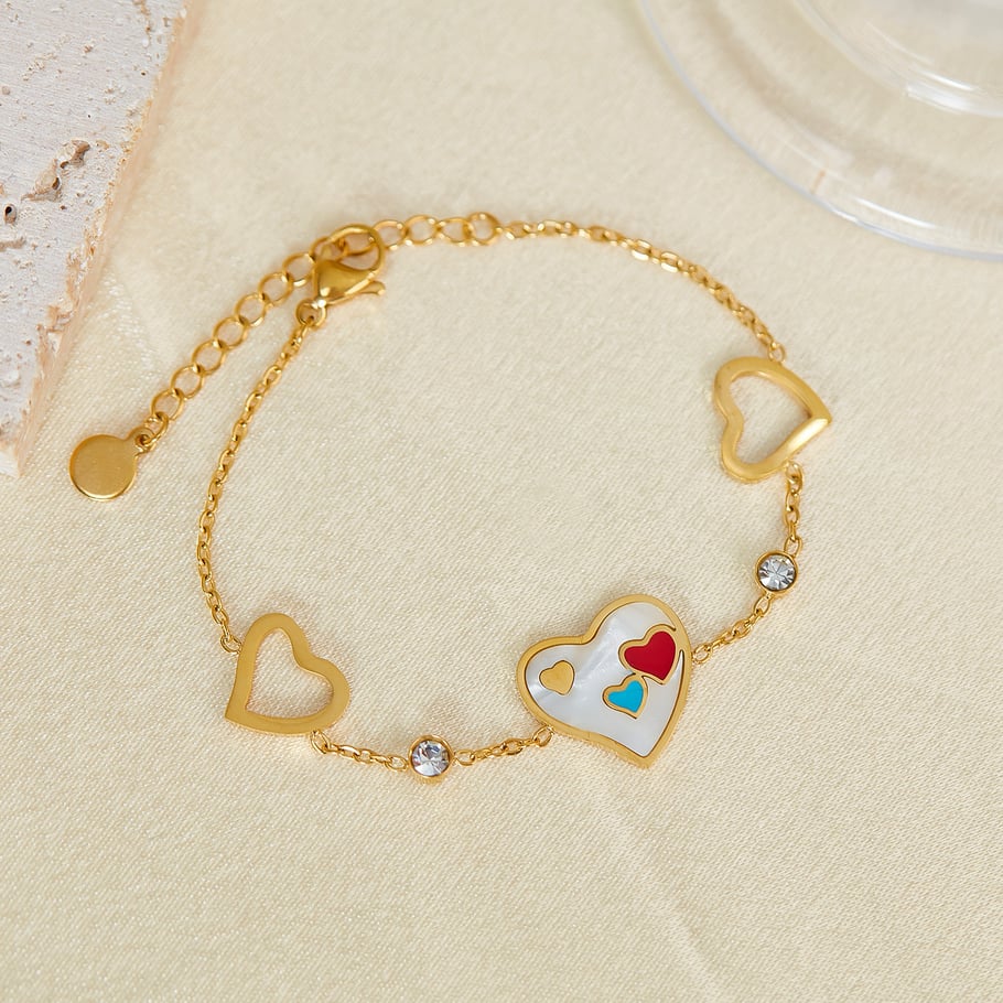 Pulsera de cadena de acero inoxidable color dorado con diseño de corazón diario de serie simple para mujer, 1 pieza Imagen3