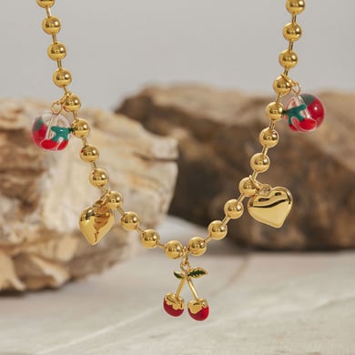 Sweet Cherry Stainless Steel Gold Color Beaded Necklaces h5 Picture2