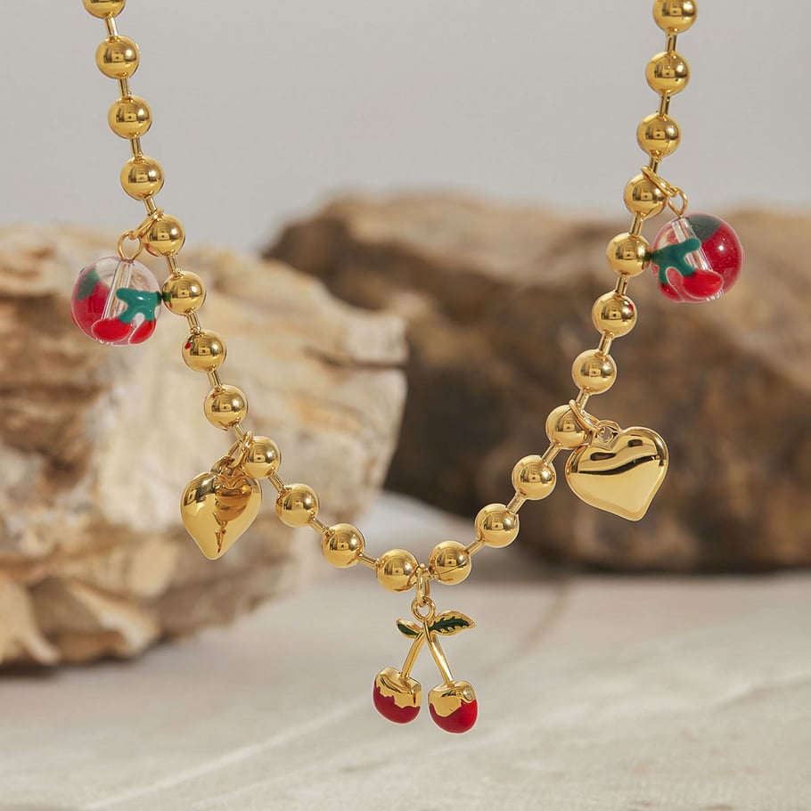 Sweet Cherry Stainless Steel Gold Color Beaded Necklaces Picture2