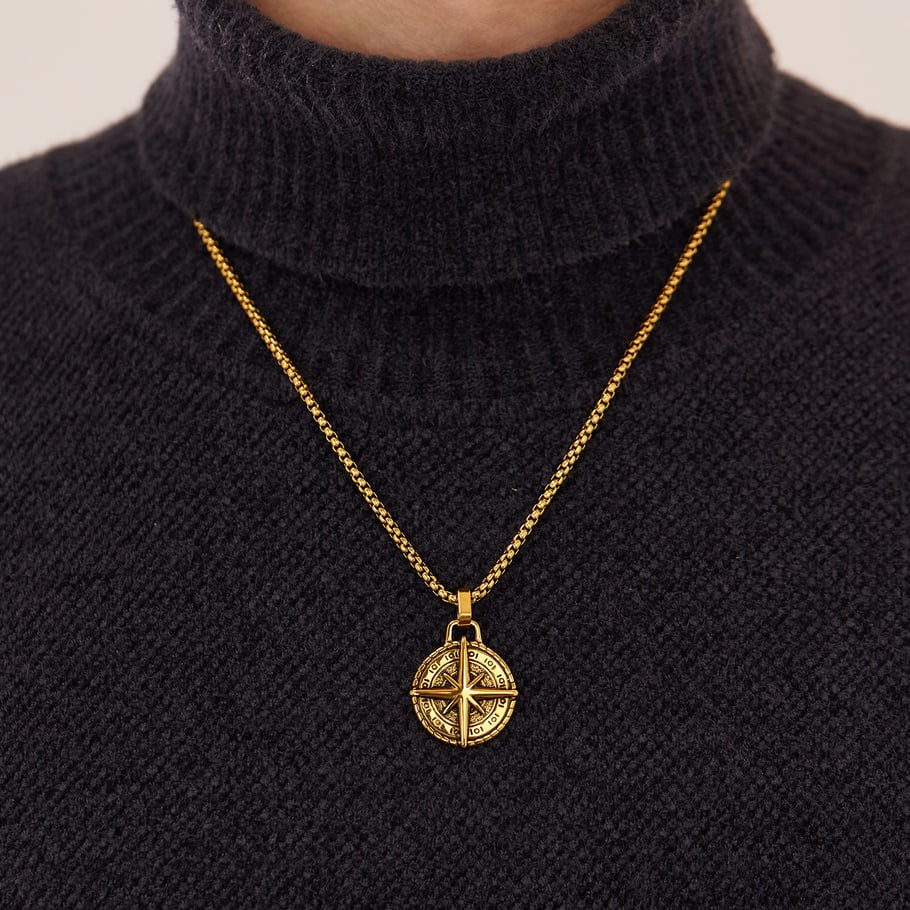Collares versátiles de acero inoxidable dorado con brújula retro para hombre Imagen4