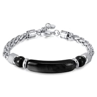 GS1476-Steel Bracelet Obsidian + Round Bead Agate 
