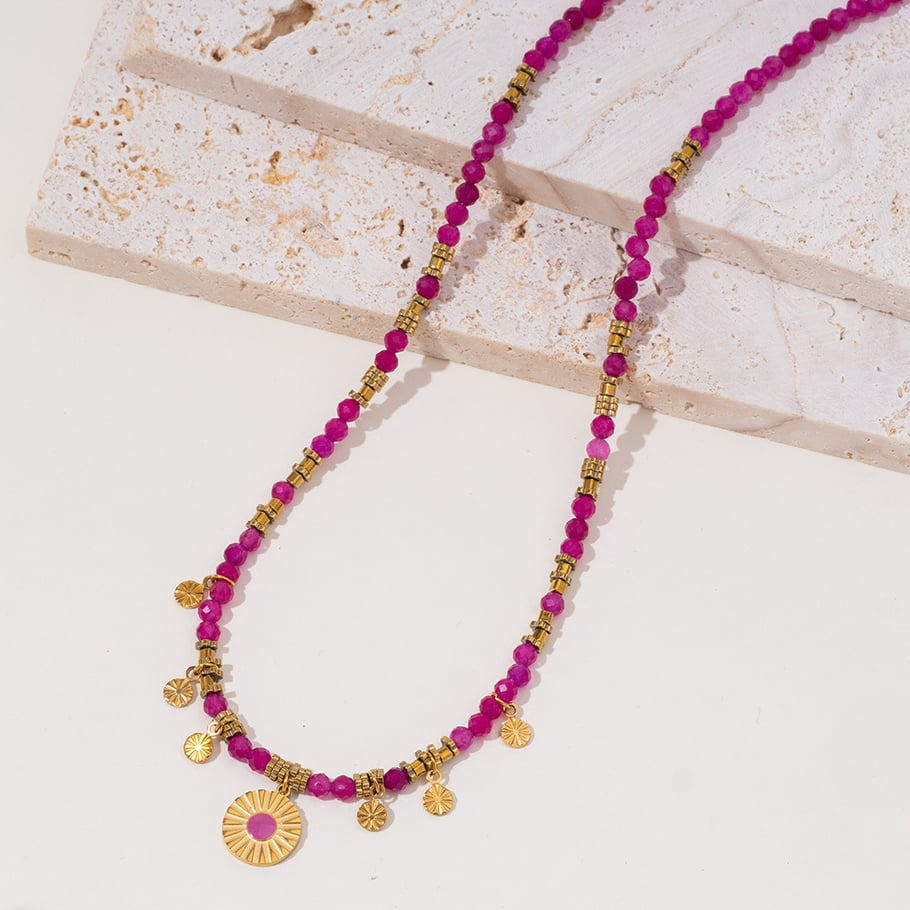 1 Piece Intricate Series Retro Circle Stainless Steel Gold Color Pink Natural Stone Women's Pendant Necklaces Picture5