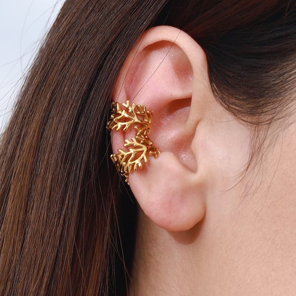 Retro Leaves Stainless Steel Gold Color Ear Cuffs