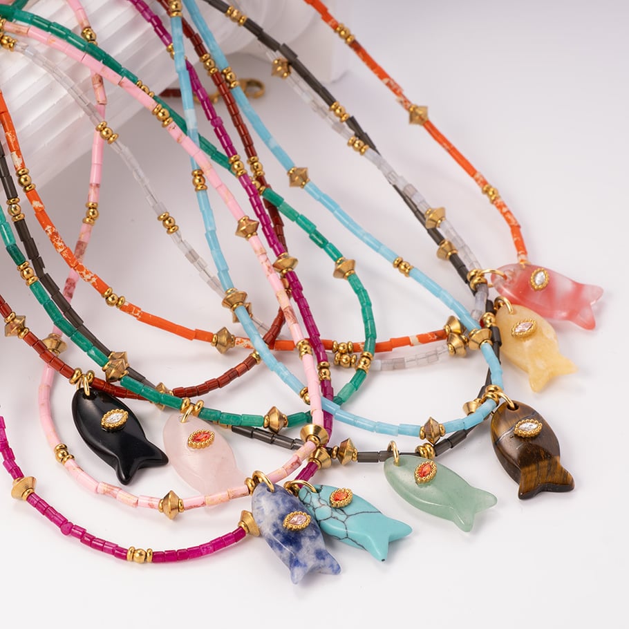 1 Piece Polychrome Series Vacation Fish Stainless Steel Gold Color Natural Stone Women's Beaded Necklaces Picture6