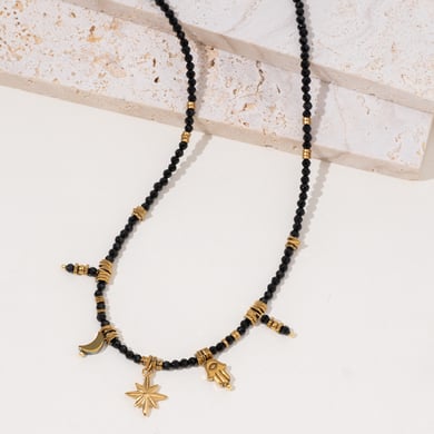 Black Spinel Moon Stainless Steel Women's Beaded Necklaces h5 Picture3