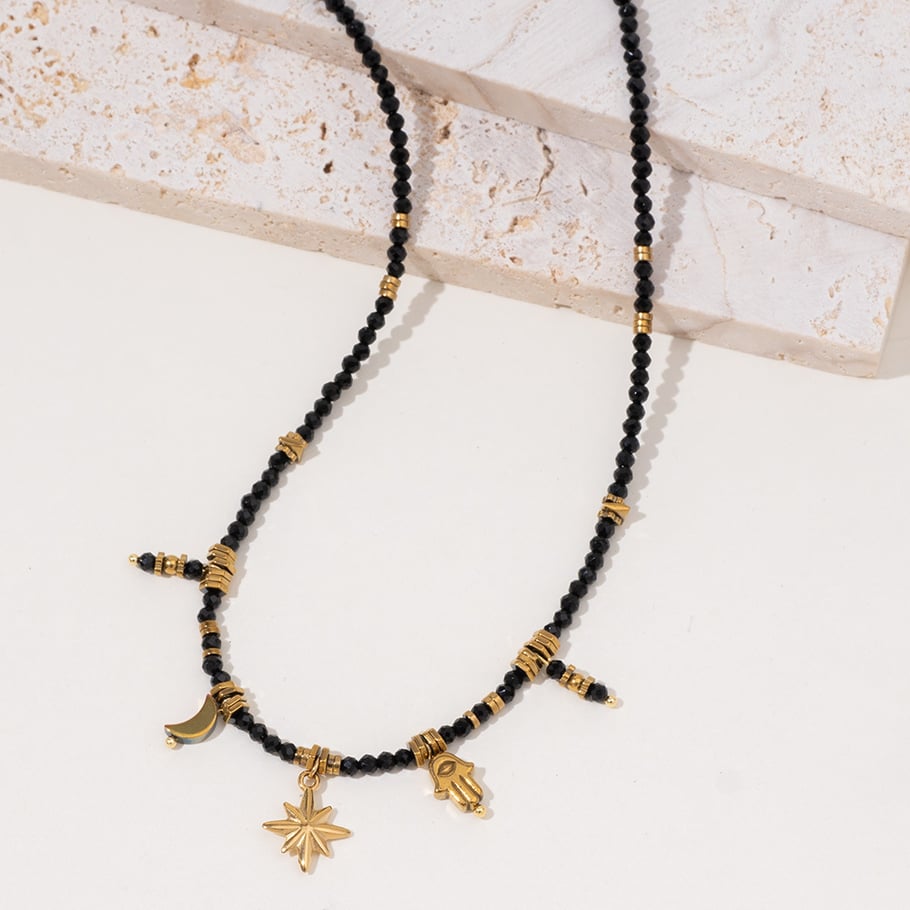 Black Spinel Moon Stainless Steel Women's Beaded Necklaces Picture3