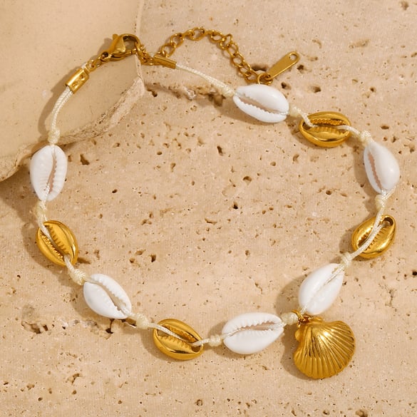 Bracelet de cheville pour femme, série Simple Vacation Turtle, en acier inoxydable, couleur or, coquillage 2