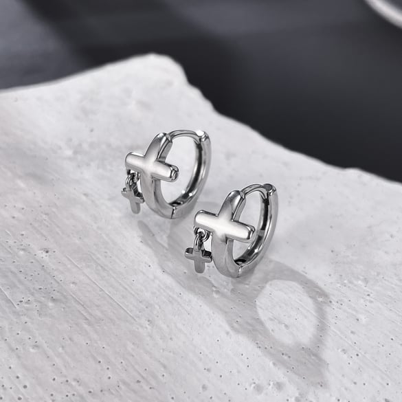 Modern Cross Stainless Steel Men's Hoop Earrings