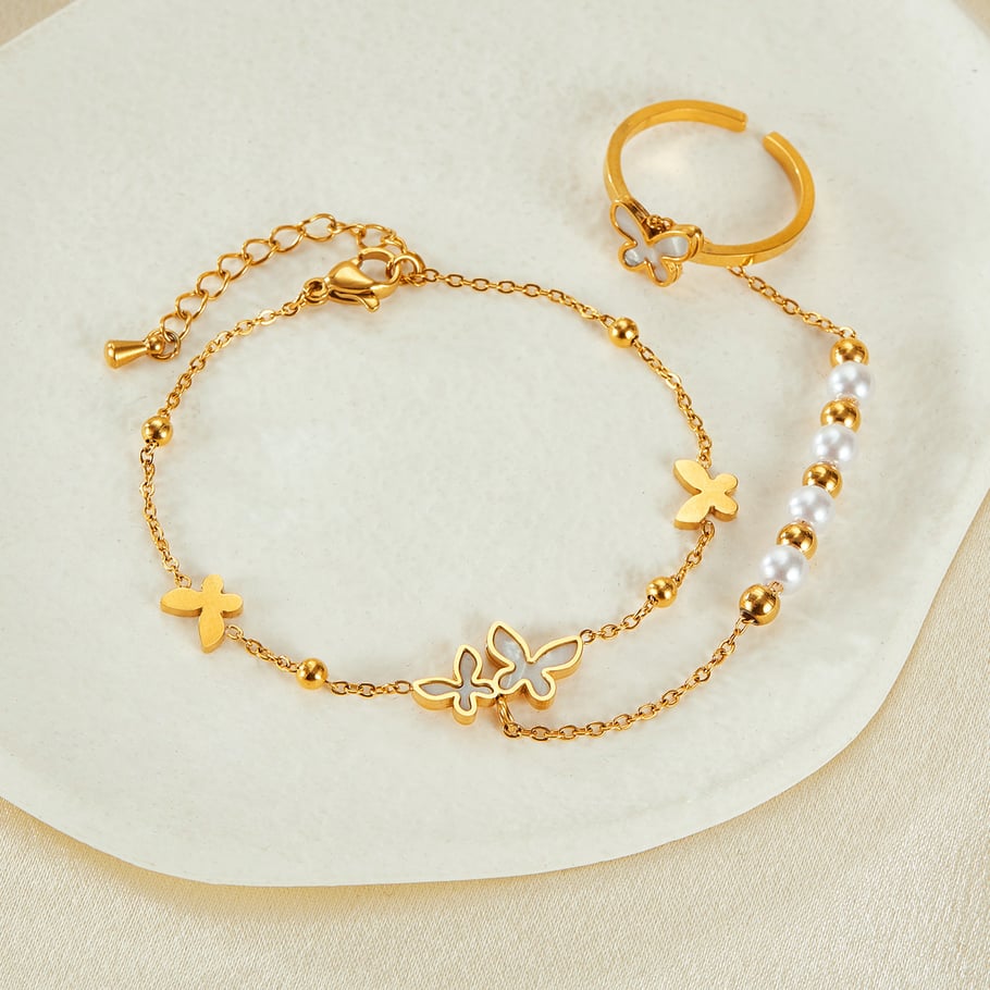 1 Piece Luxurious Series Daily Butterfly Stainless Steel Gold Color Women's Chain Bracelets With Ring Picture3