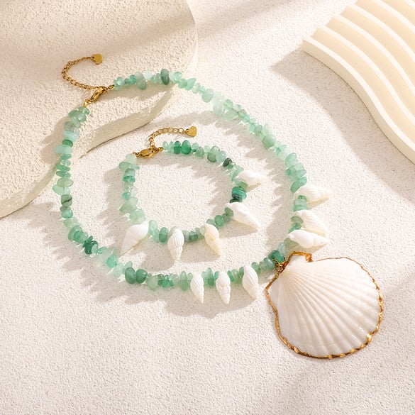 Colliers pendentifs pour femmes en perles d&#39;aventurine verte et coquillages