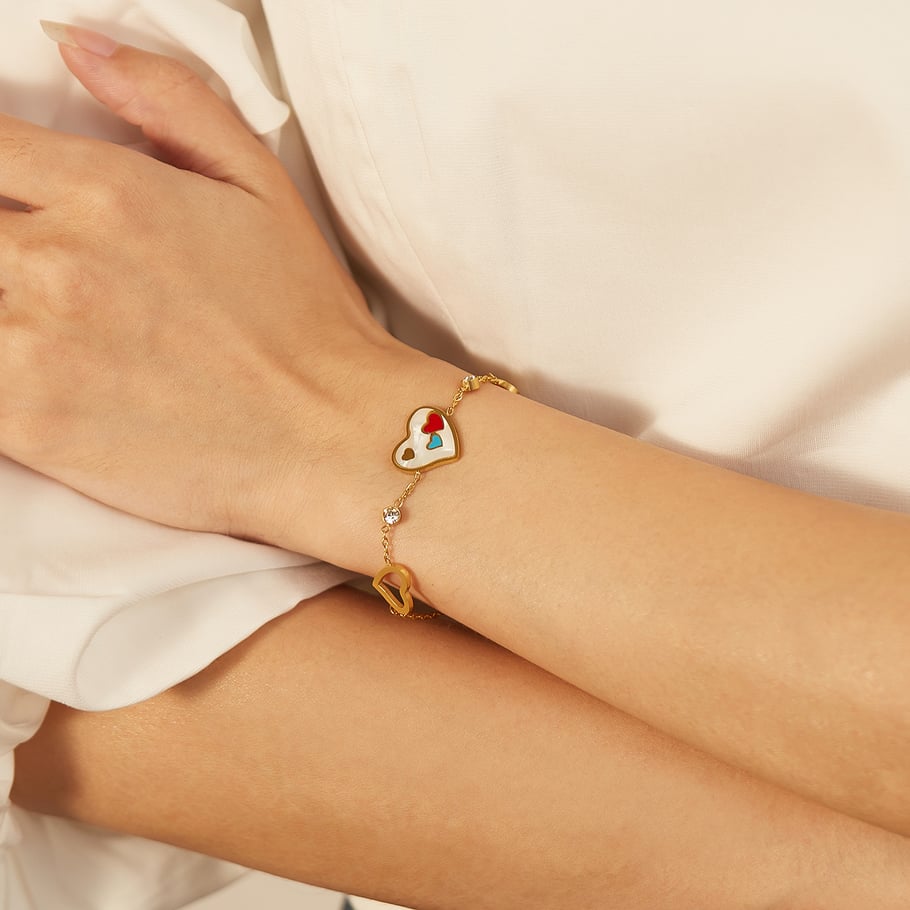 Pulsera de cadena de acero inoxidable color dorado con diseño de corazón diario de serie simple para mujer, 1 pieza Imagen4