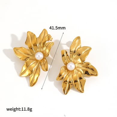 Retro Flower Stainless Steel Gold Color Artificial Pearl Women's Stud Earrings h5 