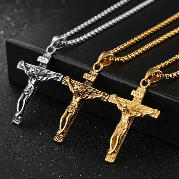 Religious Cross Stainless Steel Gold Color Men's Necklaces 2