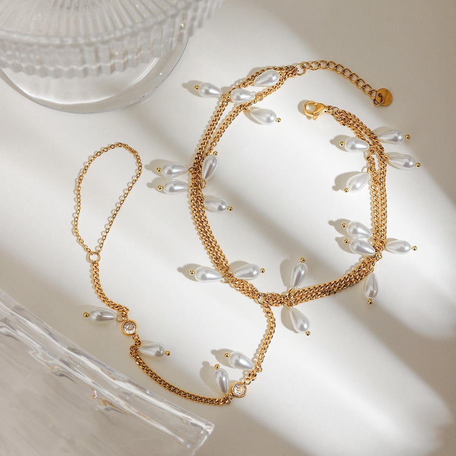 Retro Stainless Steel Gold Color Pearl Anklets Picture5