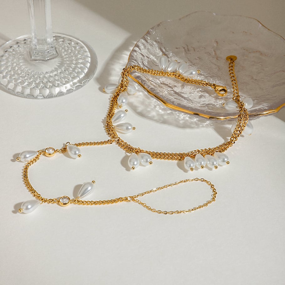 Retro Stainless Steel Gold Color Pearl Anklets Picture4