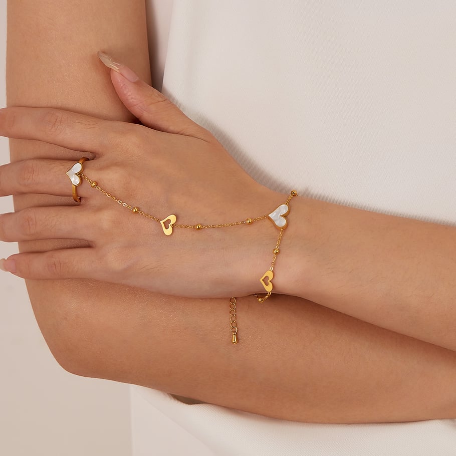 Pulsera de cadena de acero inoxidable color dorado con diseño de corazón diario de serie simple para mujer, 1 pieza Imagen5