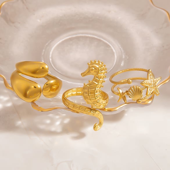 Anillo ajustable para mujer de acero inoxidable color dorado con diseño de tortuga de vacaciones de serie simple de 1 pieza 2