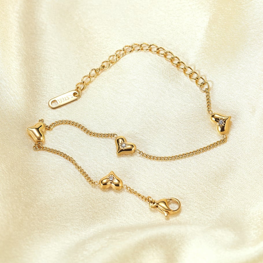 Pulsera de cadena de acero inoxidable color dorado con diseño de corazón diario de serie simple para mujer, 1 pieza Imagen3