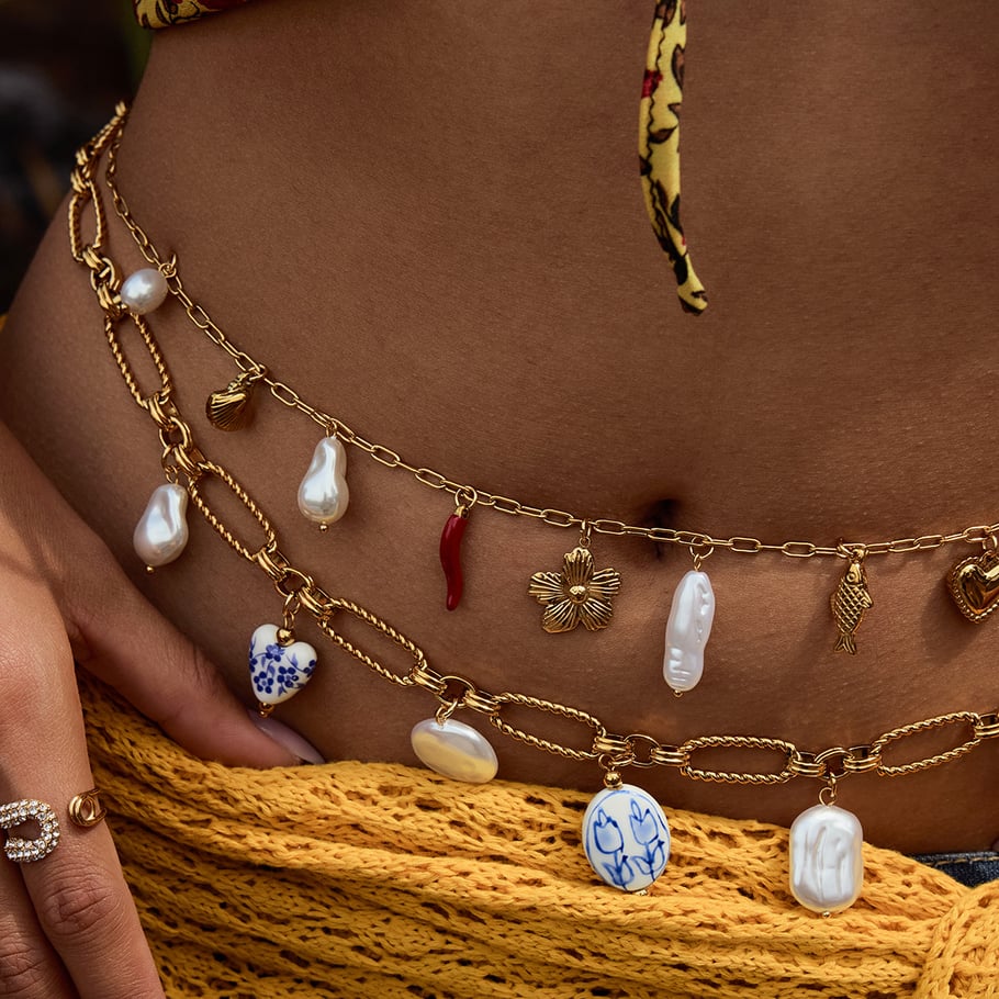 cadenas de cintura con perlas de color dorado y acero inoxidable con forma de corazón estilo h5Imagen3