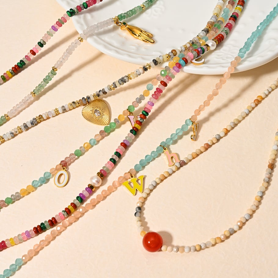 Bohemian Natural Stone Heart Stainless Steel Gold Color Women's Beaded Necklaces Picture3