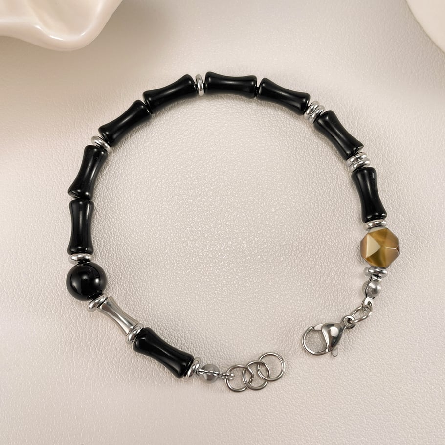 Black Agate Beads Stainless Steel Men's Chain Bracelets Picture3