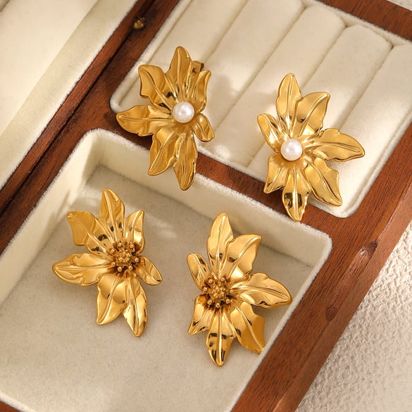 Retro Flower Stainless Steel Gold Color Artificial Pearl Women's Stud Earrings 2