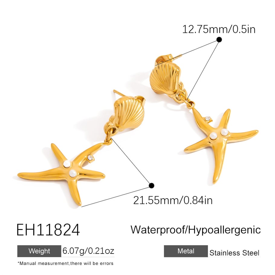 Retro Starfish Stainless Steel Gold Color Drop Earrings Picture2