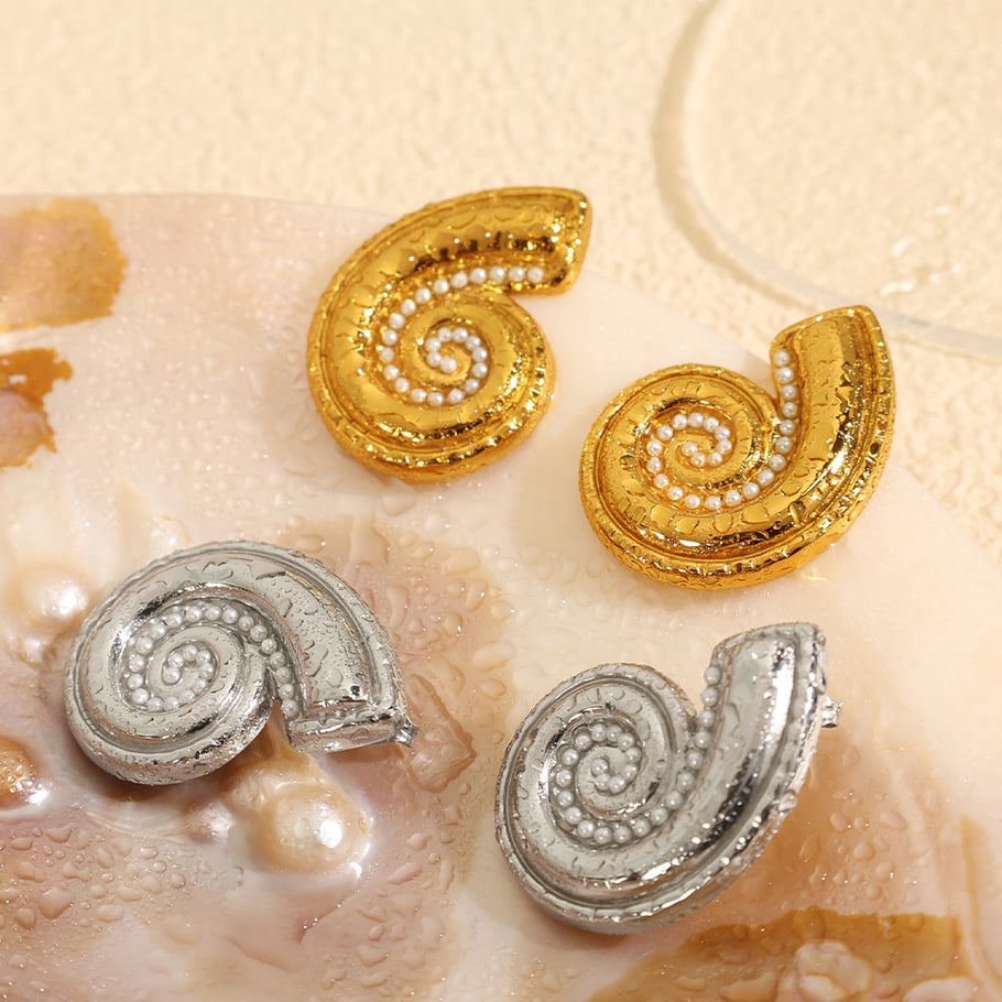 1 Çift Whelk Paslanmaz Çelik Altın Renkli Küpe Resim3