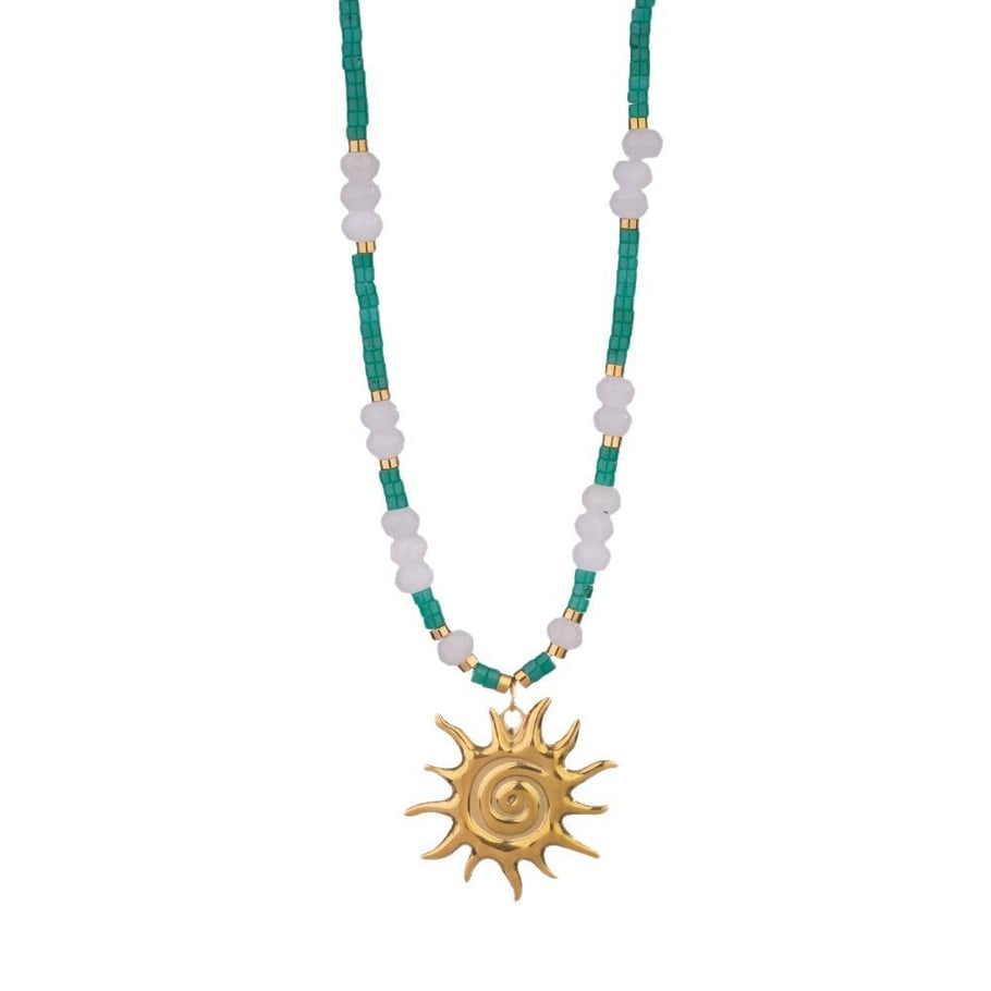 Classic Sun Stainless Steel Gold Color Natural Stone Women's Pendant Necklaces 