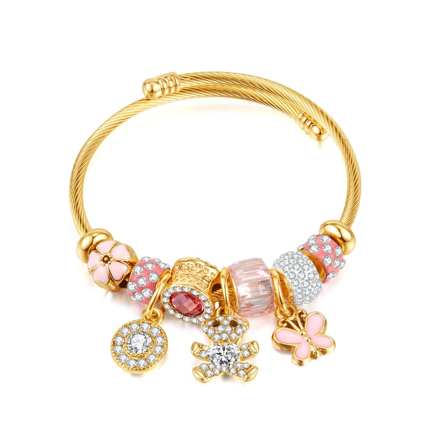 1 Piece Designable Series Cute Bow Knot Bear Beads Stainless Steel Gold Color Women's Bangles Picture6