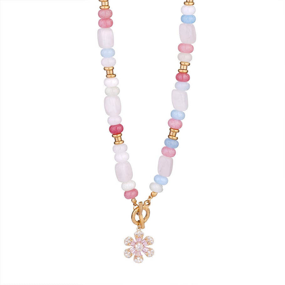 Exquisite Flower Stainless Steel Gold Color Natural Stone Women's Beaded Necklaces 