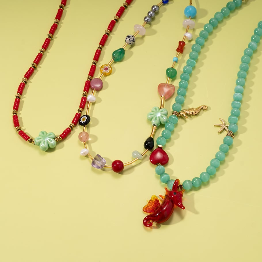 1 Piece Vivid Series Vacation Glass Sea Horse Stainless Steel Gold Color Natural Stone Women's Beaded Necklaces h5Picture5