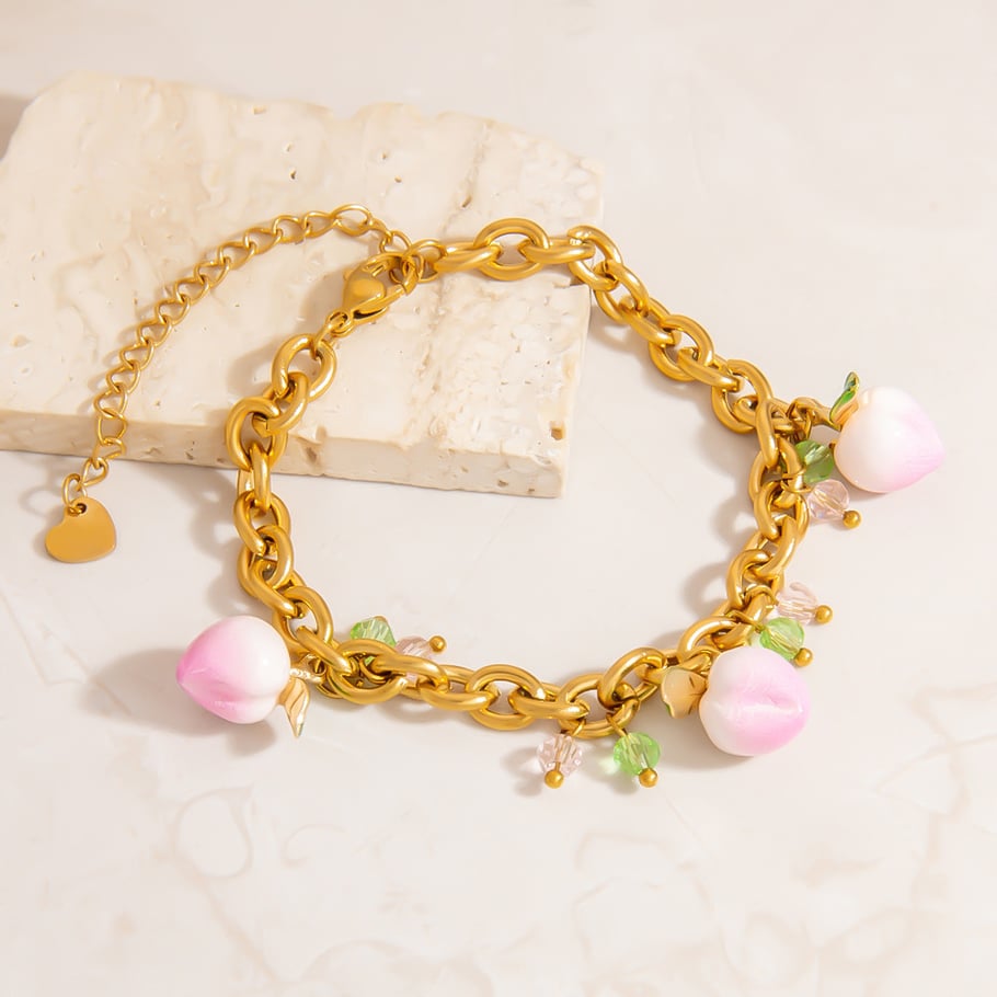 Sweet Peach Stainless Steel  Gold Color Charm Bracelets Picture3