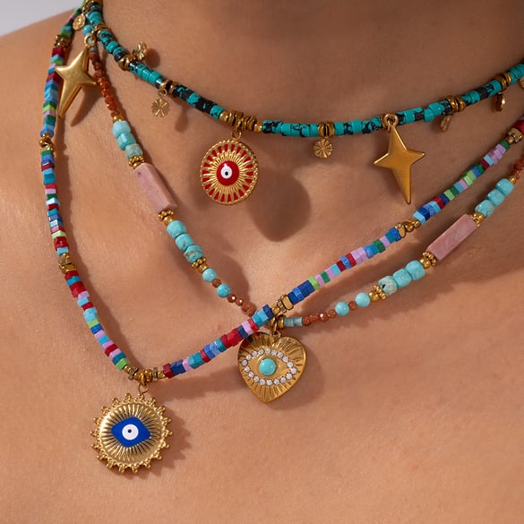 Polychrome Eye Stainless Steel Gold Color Women's Beaded Necklaces 2