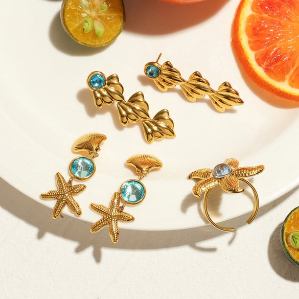 Starfish Stainless Steel Gold Color Dangle Earrings & Ring