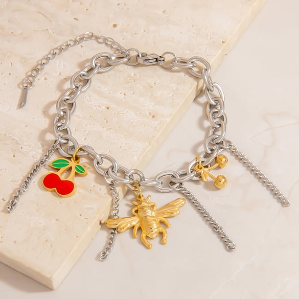 Bracciale in acciaio inossidabile con serie di ciliegie romantiche e carine per donna