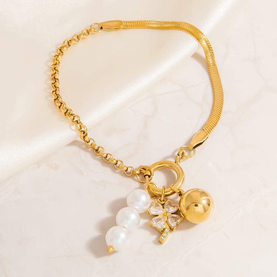1 Stück Simple Series Retro Kleeblatt Edelstahl Gold Farbe Zirkon Damen Charm Armbänder Bild5