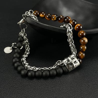 1 Piece Tiger-eye Stone Double-layer Stainless Steel Men's Beaded Bracelets h5 Picture3