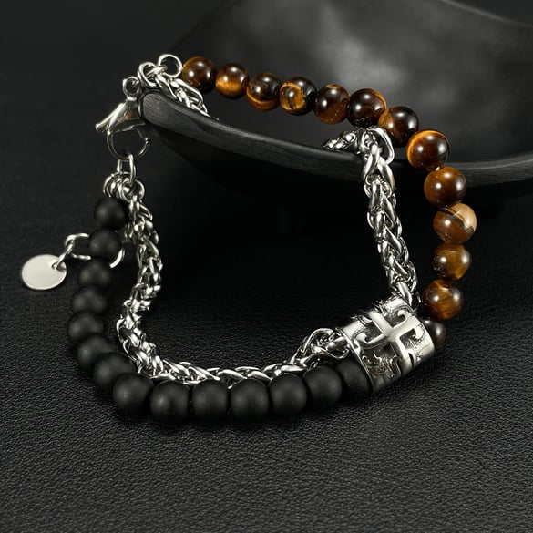 1 stuk tijgeroogsteen dubbellaags roestvrij staal heren kralen armband