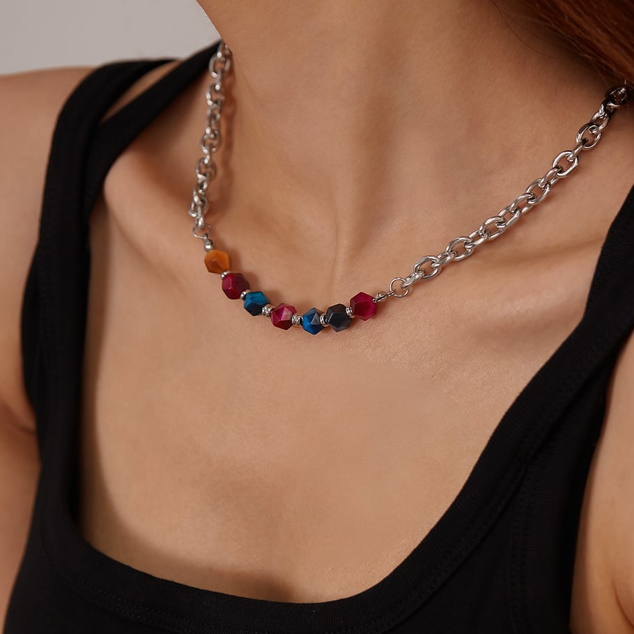 Versatile Colorful Natural Stone Stainless Steel Men's Chain Necklaces Picture5