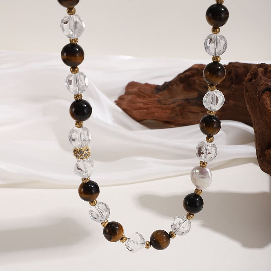 Retro Tiger's-eye Beads Stainless Steel Gold Color Natural Stone Women's Beaded Necklaces Picture4