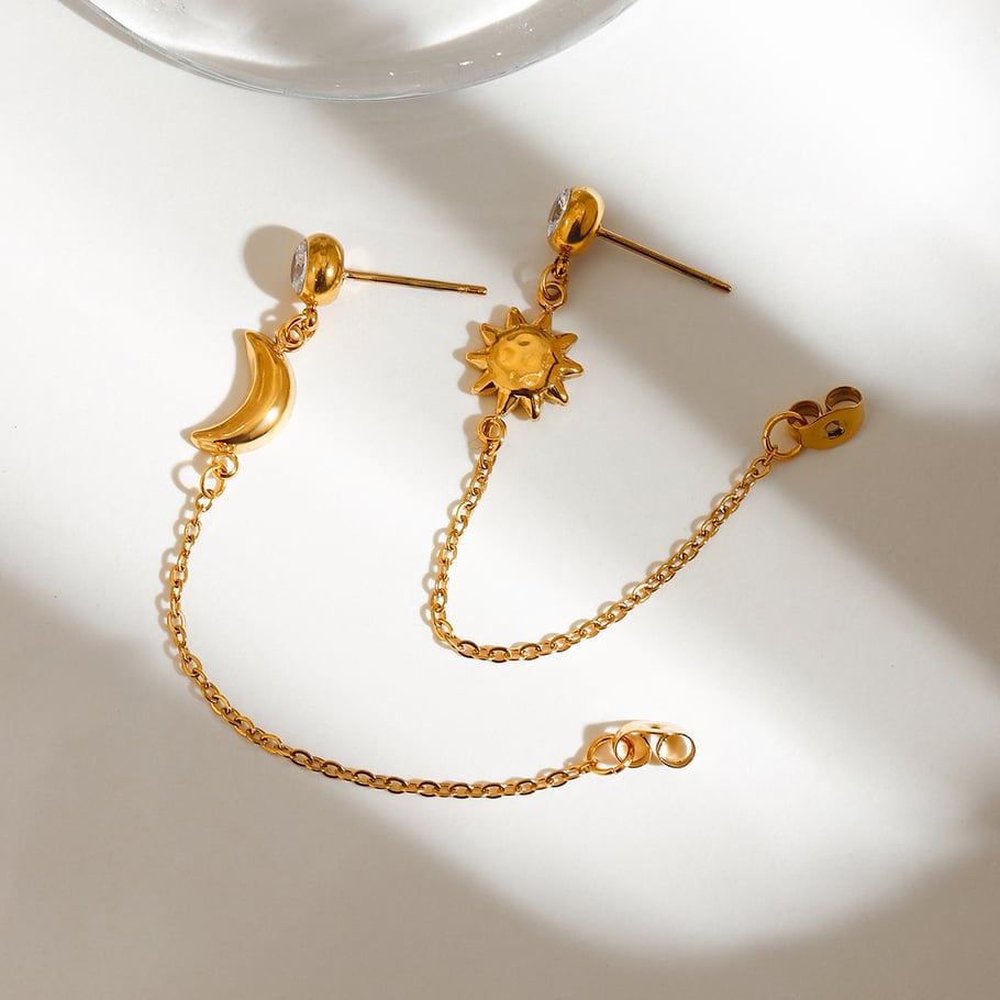 Boucles d&#39;oreilles pendantes Daily Sun &amp; Moon en acier inoxydable couleur or Image3