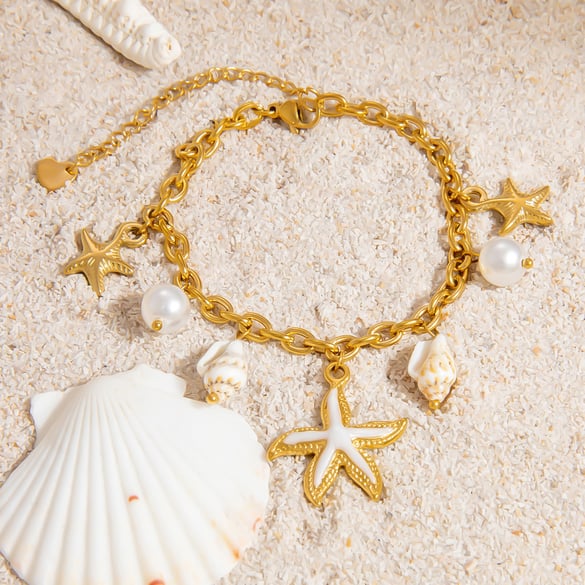 Pulseras con dijes de tortuga de vacaciones de acero inoxidable color dorado para mujer, serie simple, 1 pieza