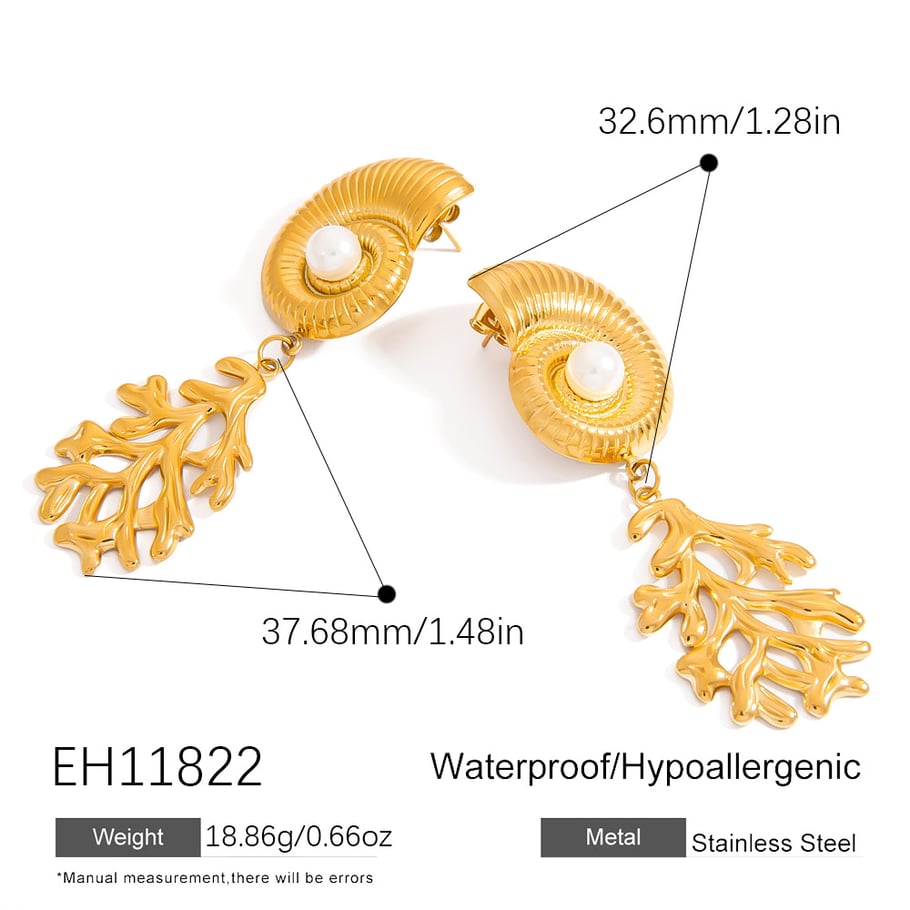Pendientes colgantes de acero inoxidable color dorado con concha Imagen2