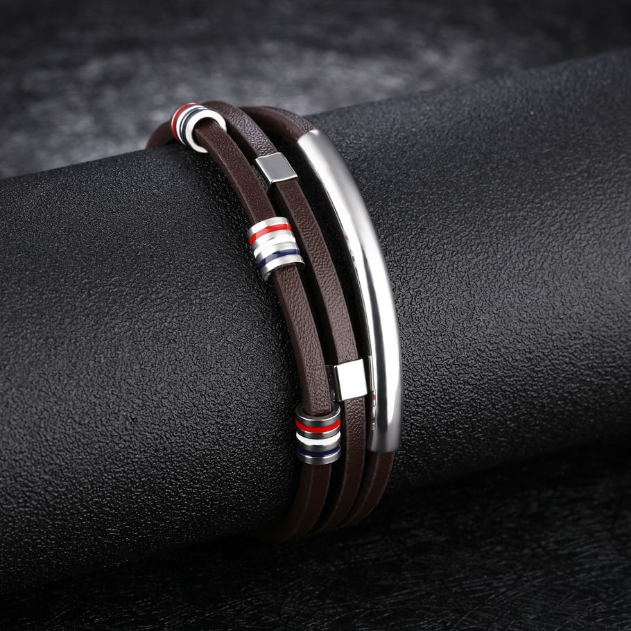 1 Piece Simple Multilayer Leather Stainless Steel Men's Bracelets Picture4