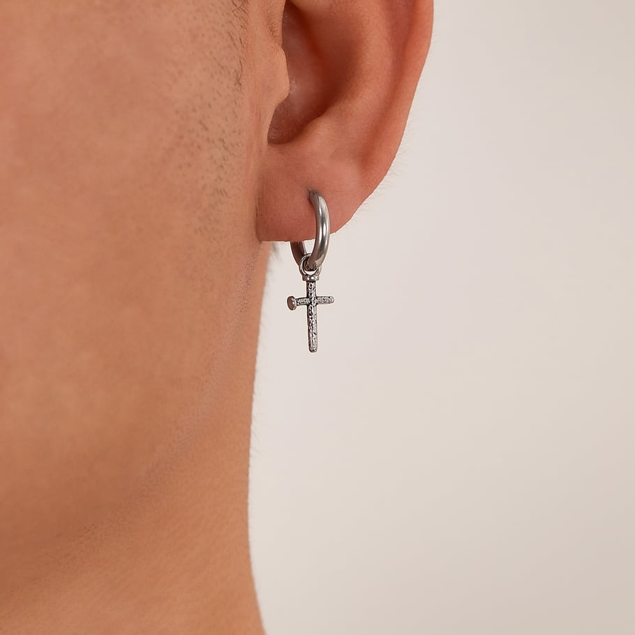 1 Pair Modern Cross Hammered texture Stainless Steel Men's Stud Earrings Picture3